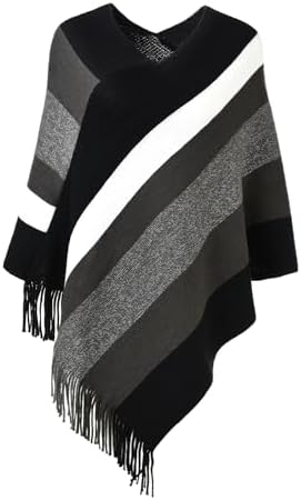 Ferand Women's Striped Poncho Sweater Cozy Knit Fringe Shawl Wraps for Fall Winter