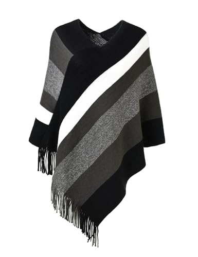 Ferand Women's Striped Poncho Sweater Cozy Knit Fringe Shawl Wraps for Fall Winter
