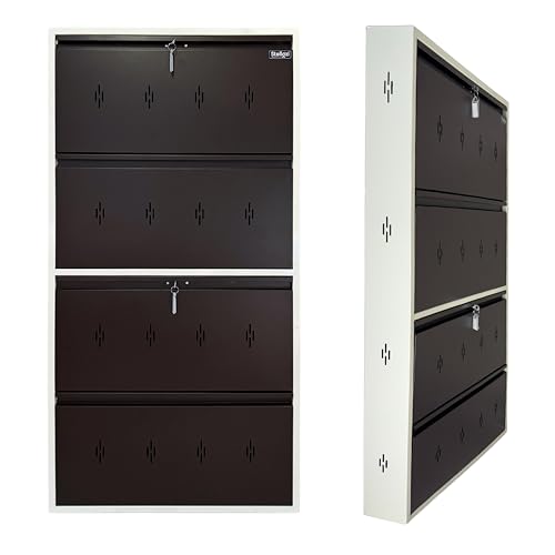 Image of Premium 4 Door Wall Mount Metal Shoe Rack | 30 inch Wide | Fits Size 12 | Dual Lock 2+2 Door Setup (Dark Brown, 4 Door)