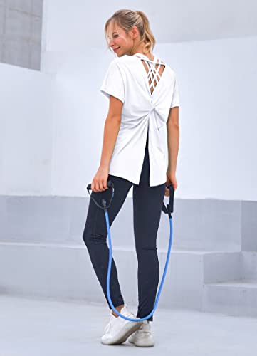 Heathyoga Workout T Shirts For Women V Neck T Shirts For Women Open Back Women's Workout Tops Women's Athletic T-Shirts Ivory White #TOP4