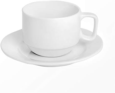 Argon Tableware 12x White Traditional Stacking Tea Mugs & Saucers Set - 200ml (7oz) - Porcelain Latte Coffee Cups Set - Dishwasher and Microwave Safe
