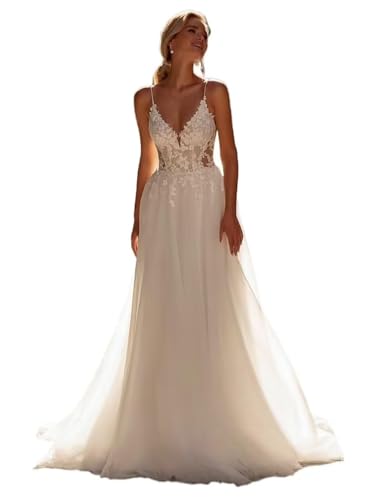 HUINI V-Ausschnitt Lange Hochzeitskleider für die Braut mit Spaghettiträgern Spitzenapplikationen und Tüll Brautkleid mit Schleppe Elfenbein 38