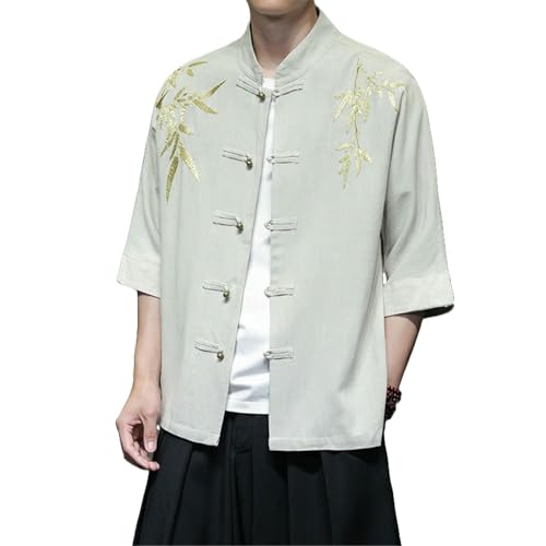 Costume chinois homme en coton lin brodé à col montant et manches courtes