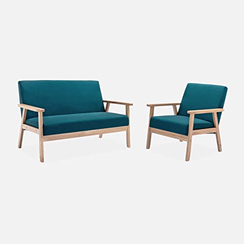 - Banquette et Fauteuil scandinave en Bois et Tissu Bleu pétrole L 114 x l 69.5 x H 73cm