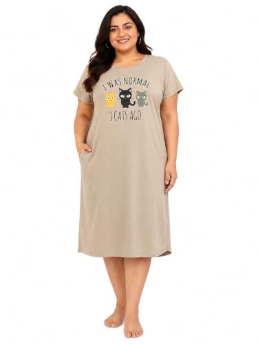 Image of 9shines Label Hosiery Cotton Knee Length Short Night Dress | Short Nighty for Women with Pocket | Graphic Print Nightwear | Night Gown for Women (M-7XL)