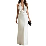 KirinDa Women's Elegant Halter Maxi Dresses, Sleeveless White Dress Formal Gown Prom Cocktail Party Wedding Guest Outfits (White,Large)