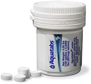 Aquatabs 397mg Water Purification Tablets (100 Pack). Water Filtration System for, Camping, Boating, Emergencies, Survival, RVs, and Marine-Use. Easy to Use Water Treatment and Disinfection.
