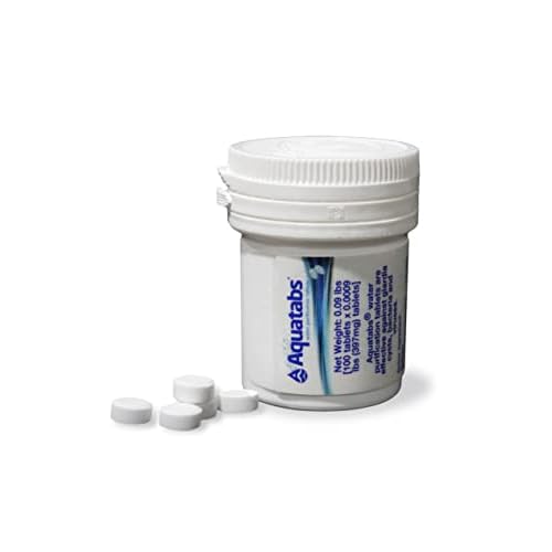 Aquatabs 397mg Water Purification Tablets (100 Pack). Water Filtration System for, Camping, Boating, Emergencies, Survival, RVs, and Marine-Use. Easy to Use Treatment and Disinfection.