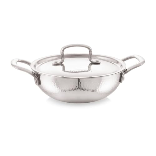 Image of Orange Triply Stainless Steel Hammered Deep Kadai with S.S Lid | Hammered Mathar Design | Heavy Bottom Cookware for Gas & Induction | Cool Touch Handles | 2.0 Ltr, 20cm |Made in India, 5-Year Warranty