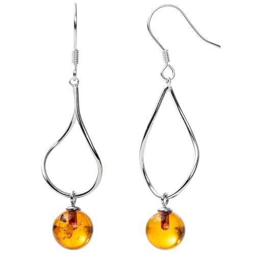 Boucles d'oreilles pendantes en argent sterling avec ambre rond de la Baltique pour femme