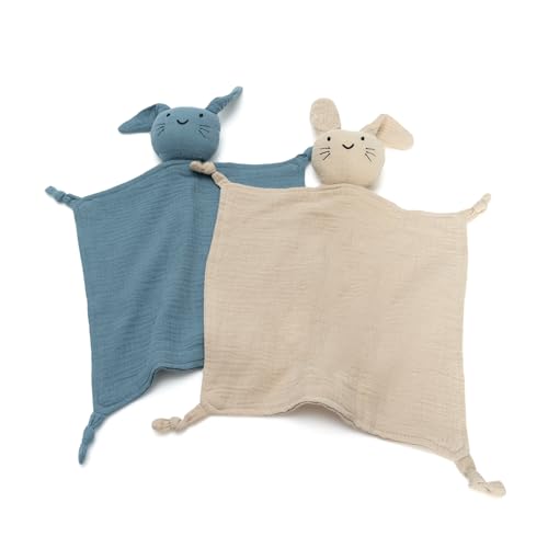 Image of 2 Pcs Set Organic Cotton Muslin Bunny Lovey Blanket, Soft & Breathable Baby Security Blanket, Ideal for Newborns (Khaki & Blue)