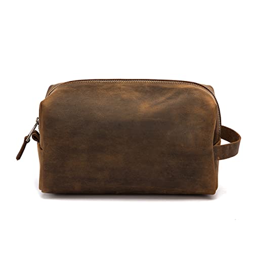 Nujenren Premium Buffalo Genuine Leather Unisex Dopp Kit Organizer Travel Toiletry Bag Simple Design (A Brown)