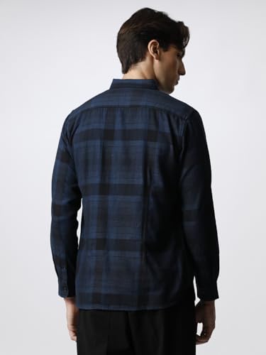 Image of Men Navy Blue Checked Slim Fit Cotton Casual Shirt