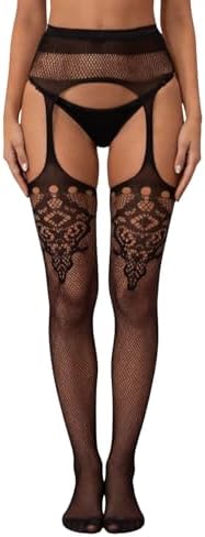 Verdusa Women's Fishnet Stockings Tights High Waist Lace Suspender Pantyhose, Cut Out Black, One size
