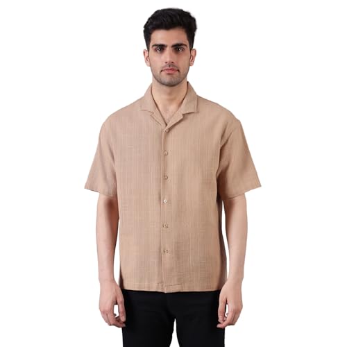 Image of Urban Scottish Men's Shirt, Cotton Dobby, Half Sleeve Oversized Fit, Soft Breathable Fabric, Lightweight Casual Summer Shirt, Stylish Relaxed Wear Khaki