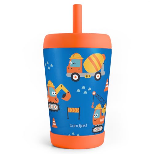 SANDJEST Kid Insulated Stainless Steel Tumbler with Silicone Straw, 12oz Sippy Cup for Kids (Construction Trucks)