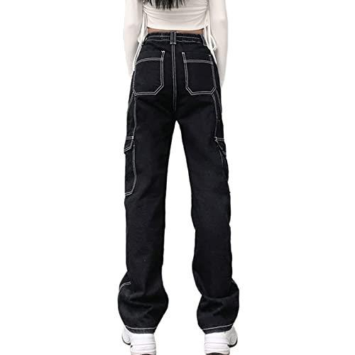 FantasyGears Y2k Baggy Jeans for Women,Aesthetic Demin Pants Wide Leg Vintage Black Cargo Jeans Trousers3
