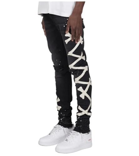 crazynekos Jeans Pants Trousers Denim Ripped Print Elastic Tight Personality Street Trendy Casual Commuting for Men