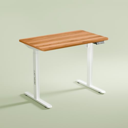 Image of Electric Standing Desk - Height Adjustable Sit-Stand Workstation, Ergonomic Motorized Desk with Walnut Wood Grain Top & White Frame, 1200x600 mm, Home Office Computer Desk