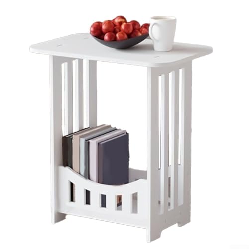 Mesa auxiliar de noche, mesa auxiliar estrecha de 2 niveles con estante de exhibición para dormitorio, sala de estar o baño, estante de almacenamiento de PVC en blanco, 32 x 22 x 40 cm (nivel