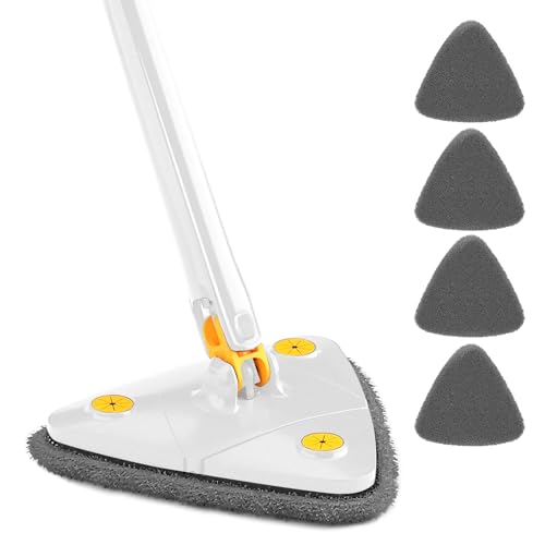 Mopa Limpieza Triangular Ajustable, Fregona limpiadora de Paredes con 4 paños de microfibra, FuncióN Exprimido AutomáTico Agua Mopa Giratoria TelescóPica para Suelo Casa Ventana y Pared
