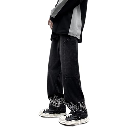 XYGJZ Y2k Baggy Denim Jeans for Men Flame Print Straight Leg Hip Pop Denim Pants Streetwear