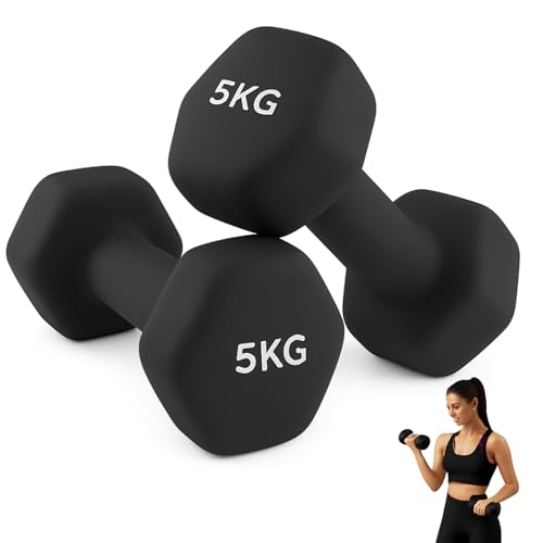 PLAYZOCO Juego de 2 mancuernas, mancuernas hexagonales, Mancuernas Antideslizantes, revestimiento de neopreno, Agarre Cómodo, Resistente al Sudor, Pack 2 unidades, 5 Kg