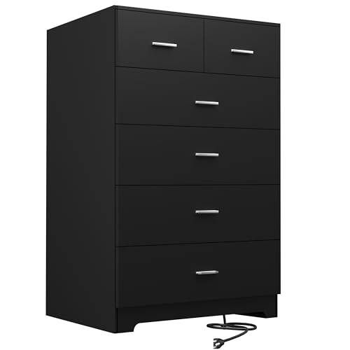 FJTJBSI Dresser with Power Outlets Wooden 6 Drawer Dresser with Large Organizer Black Tall Storage...