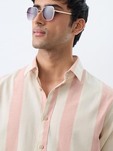 Image of The Souled Store Cotton Linen Stripes: Apricot Men and Boys Long Sleeves Collared Neck Orange Stripes Regular Fit Lightweight Comfortable Summer Cotton Linen Shirts