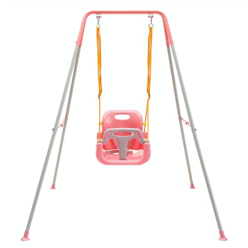 FUNLIO 3-in-1 Toddler Swing Set with 4 Sandbags, Indoor/Outdoor Baby Swing with Foldable Metal Stand, Kids Swing Set for Backyard, Clear Instructions, Easy to Assemble & Store,Pink