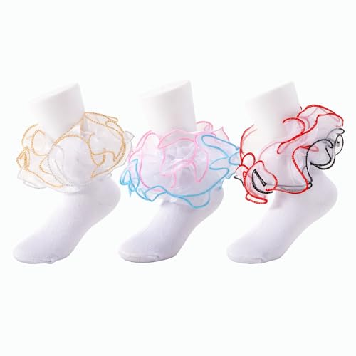 Toddler Girls Ruffle Socks Girl Cute Lace Frilly Fancy Dress Socks Soft Cotton Sock with Big Ruffles for Little Kids