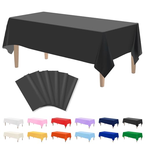 Image of Kopokita 6 Pack Black Plastic Tablecloths Disposable 54 x 108 Inch | Rectangle Table Cloths, Party Table Covers for Birthday, Graduation, Back to School, Halloween Decorations