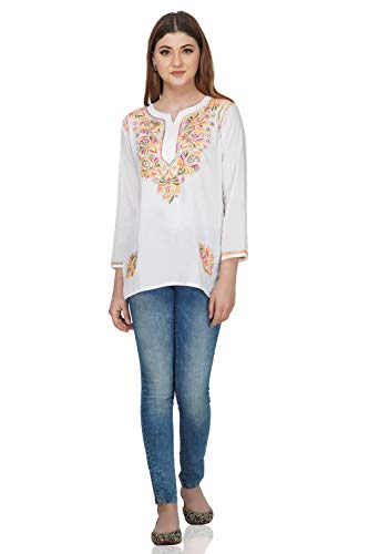Image of Vahson Designer Hand Lucknowi Chikankari Embroidery Cotton Short Kurti for Women /Girls