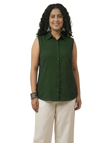 Image of Women Plus Size Sleeveless Button Down Shirt Polyester Formal Office Casual Wear Classic Fit Professional Shirt