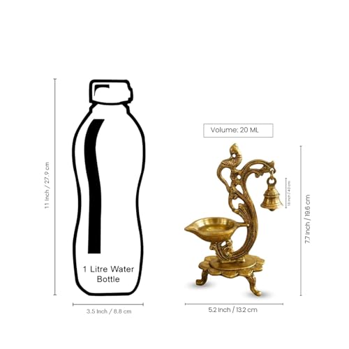 Image of ExclusiveLane 'Sacred Peacock' Brass Table Diya with Bell (100% Pure Brass, 1 Wick, 19.6 Cm, 20 ml, 0.64 kg, Hand-Etched) | Brass Diya for Pooja Traditional Decorative Diya for Pooja