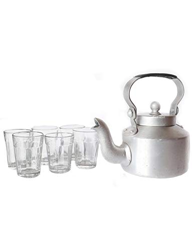 KALAPURI® Aluminium Indian Traditional Kettle Tea Coffee Pot (1500 mL) Chai Maker with Handle & 6 Transparent Traditional Cutting Tea Glass (80 mL) - Image 2