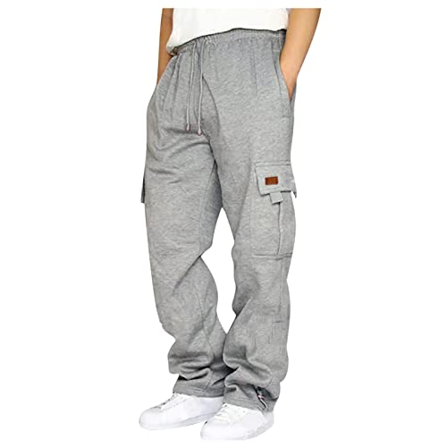 Mens Travel Cargo Pants Comfy Elastic Waist Pants with Multi-Pocket Loose Drawstring Lightweight Trousers