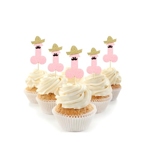 24PCS Bachelor Party Cupcake Toppers Hat Beard Pink Glitter Bachelorette Cupcake Picks Decorations for Bachelorette Funny Theme Party Bridal Shower Wedding and Birthday Party Supplies