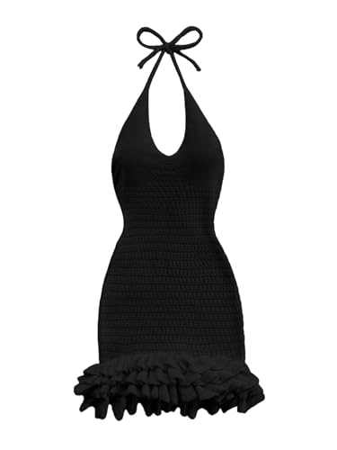 GORGLITTER Women's Vacation Outfit Crochet Halter Knit Bubble Mini Dress