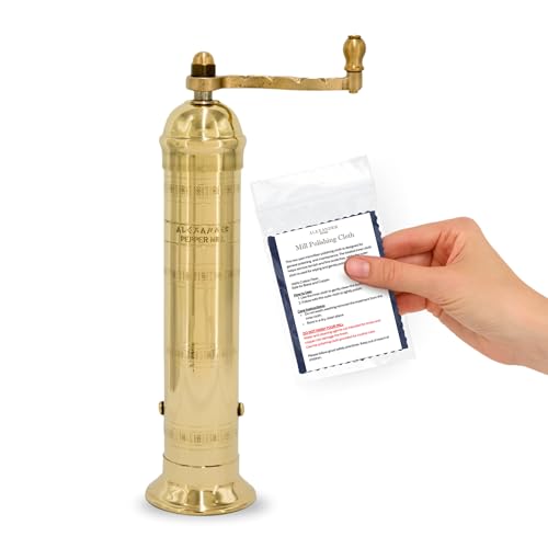 Alexander Home Original Greek Pepper Mill, 9-Inch Brass – European Manual Pepper Grinder, Refillable, with Polishing Cloth