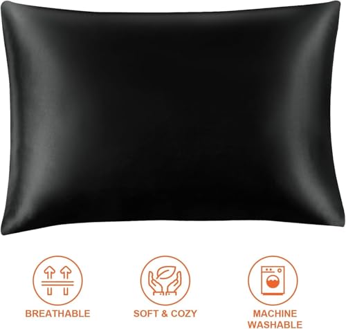 Image of Satin Pillow Covers Set of 2 - Soft & Smooth Pillowcases for Hair & Skin Care | Envelope Closure | Includes 3 Free Random Color Scrunchies | Frizz-Free Sleep Essentials (Black)