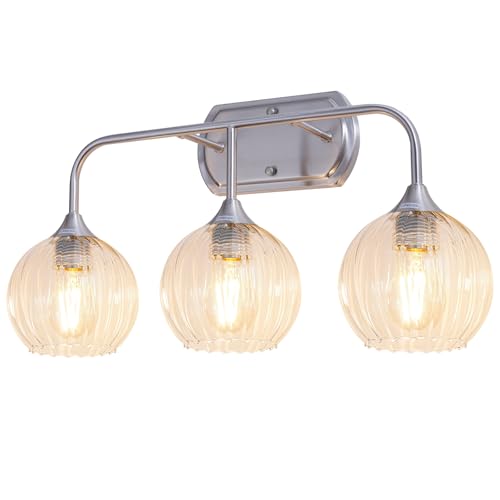 Image of MantoLite 3-Light Brushed Nickel Vanity Light,Ribbed Glass,E26 Hardwired | Bathroom Mirror Wall Lamp with Clear Glass Shade,Bathroom Light Fixtures Over Mirror ,Bulb not Included(Max 60W)