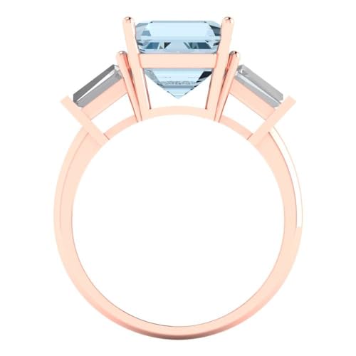 3 ct Asscher Cut Natural Aquamarine 18K Yellow Gold Three-Stone Wedding Engagement Bridal Promise Ring4