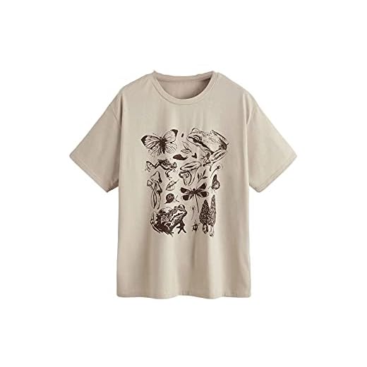 SOLY HUX Women's Graphic Letter Print T Shirt Short Sleeve Tee Top Khaki Mushroom Butterfly M