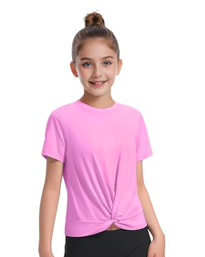 KEREDA Girls Athletic Shirts Tie Front Tops Summer Short Sleeve Quick Dry Active Tees T-Shirts for Kids Teens Pink 9-10 Years