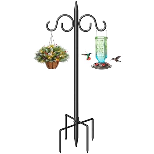 Double Shepherds Hooks for Outdoor, 108 Inch Heavy Duty Bird Feeder Pole with 5 Prongs Base, Adjustable Shepherds Hook for Bird Feeder, Garden, Weddings, Hanging Plant, 1 Pack