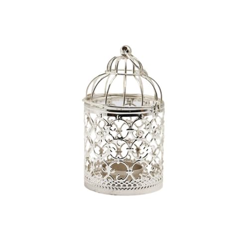 Farol de metal para candelabro, soporte para velas de jaula de pájaros de estilo europeo, soporte decorativo para velas, soporte para velas de escritorio (plateado)