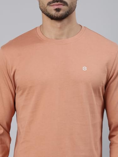 Image of Classic Polo Men's Full Sleeve Brown Crew Neck Slim Fit Solid Cotton T-Shirt
