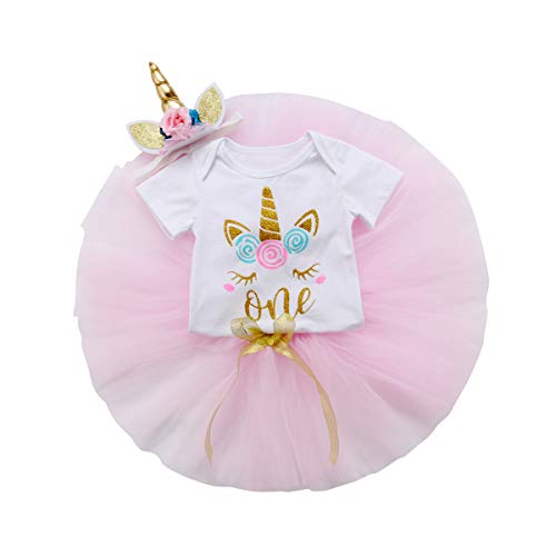 3PCS Unicorn Outfit Newborn Baby Girls 1st Birthday Romper + Tutu Skirt Dress + Headband Clothing Set Pink