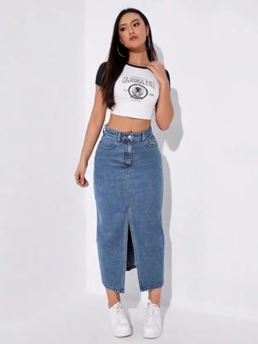 Image of GRECIILOOKS Women's High Waist Denim Skirt with Front Slit - Long Maxi Jean Skirt Casual Fashion - Stylish Denim Skirts for Women